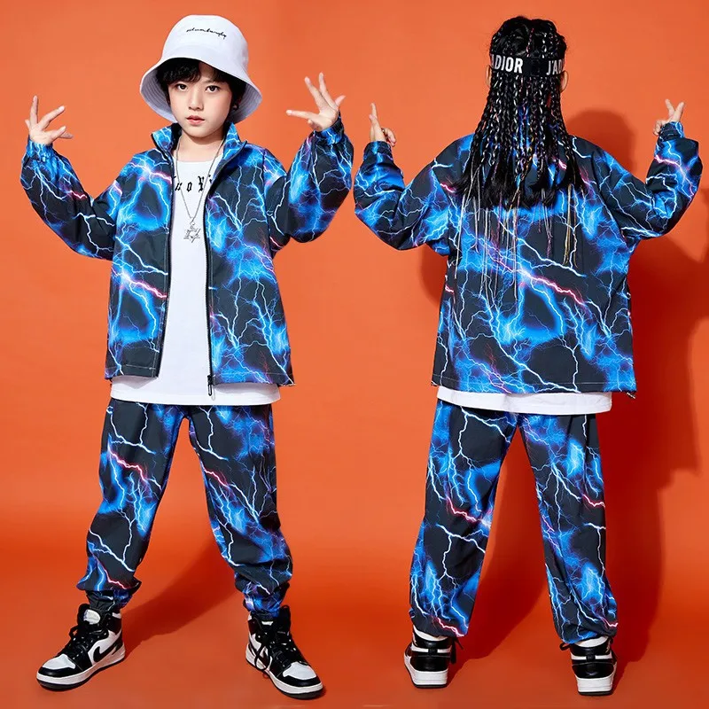 Kid Hip Hop Clothing Blue Lightning Windbreaker Zip Up Jacket Casual Jogger Pants for Girl Boy Jazz Dance Costume Clothes Set