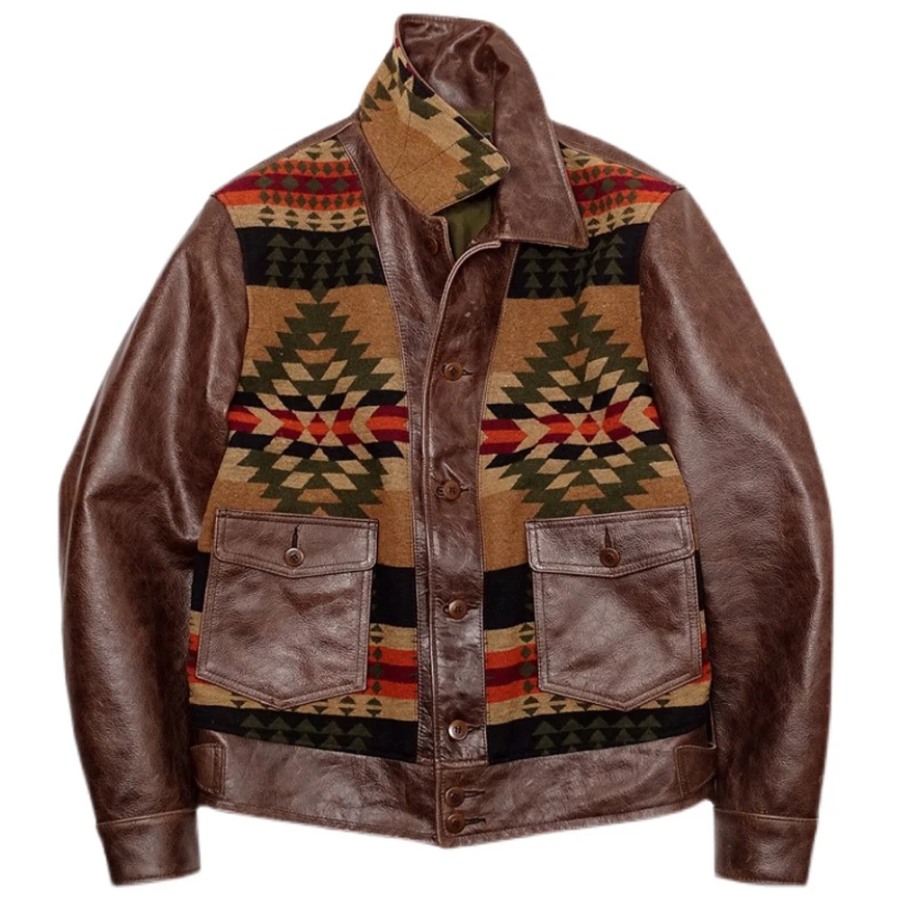 

New Imported Cowhide Leather Jacket and Coat for Man Navajo Totem Embroidery Mens Overcoats Winter Windbreaker 5XL Real Picture