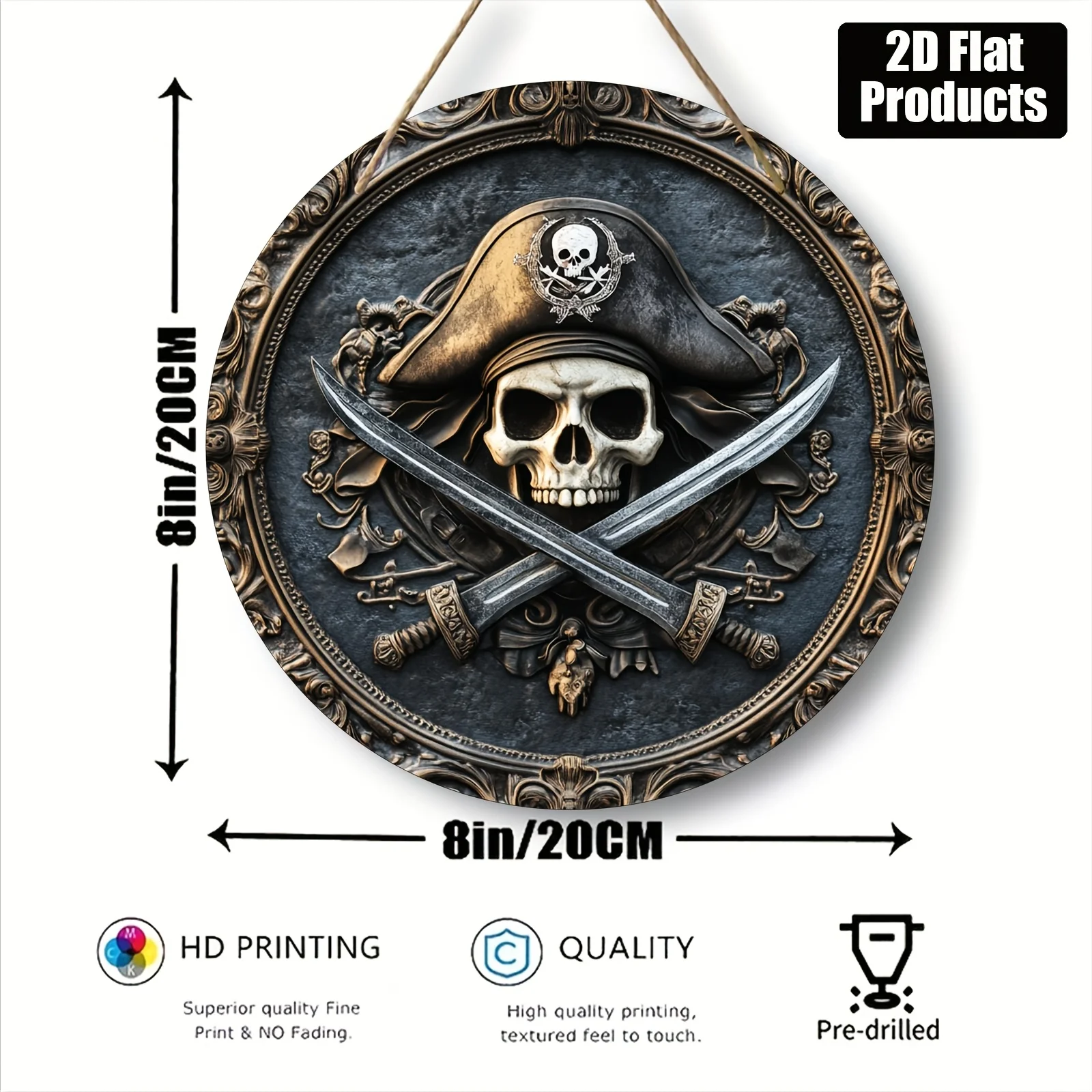 2D Flat, 1pc, Round Wooden Board Decorative Painting Sign Plaque, Pirate Skull Theme Suitable for Bar, Kitchen, Cafe, Family Roo