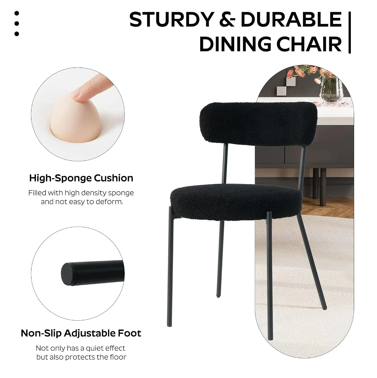 Round Dining Table Set Walnut MDF & 6 Black Boucle Chairs Metal Frame Kitchen Furniture Small Space 47-Inch, Customized