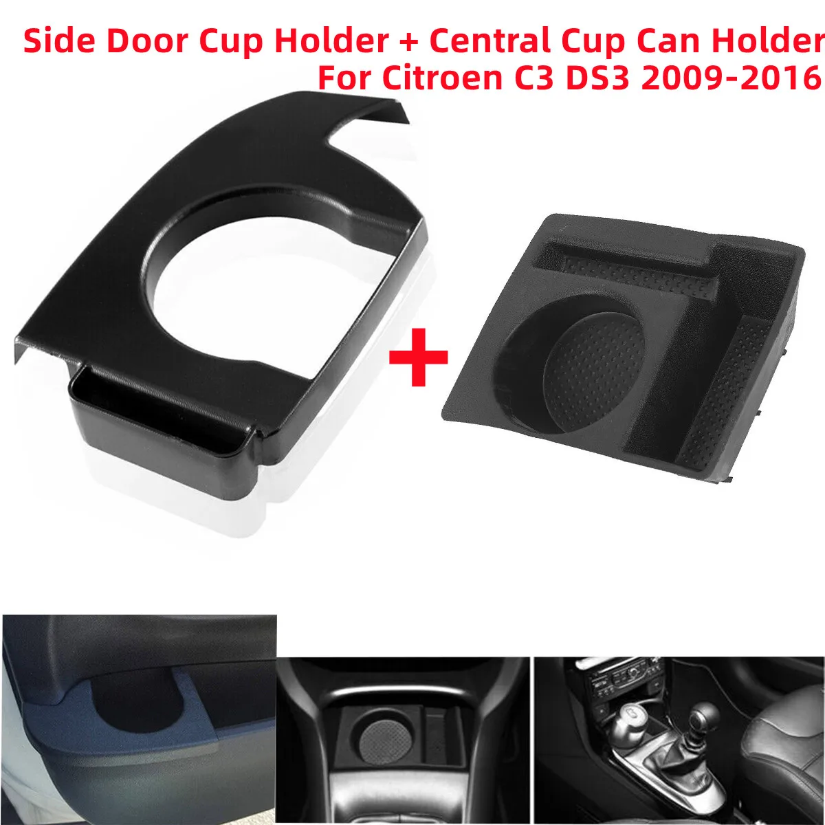 Side Door Cup Holder + Central Cup Can Holder For CITROEN DS3 2009-2016 Insert Car Accessories Durable Cup Holder Black ABS