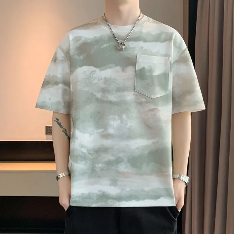 

Men's Light Green Watercolor Cloud Print Oversized Short Sleeve T-Shirt With Chest Pocket