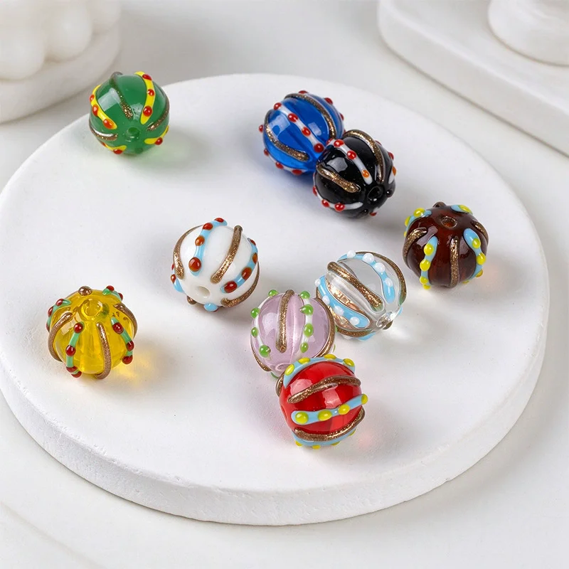 20pcs 12mm Lantern-Shaped Murano Glass Beads Stripe Polka Dot Round Lampwork Beads Charm for Jewelry Making DIY Bracelet