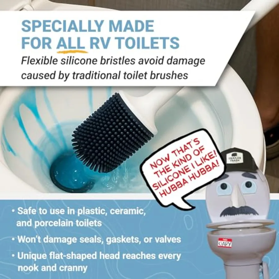 Silicone RV Toilet Brush with Compact Holder Non-scratch silicone bristles for RV toilet bowl cleaning; wall-mount no-drip hold
