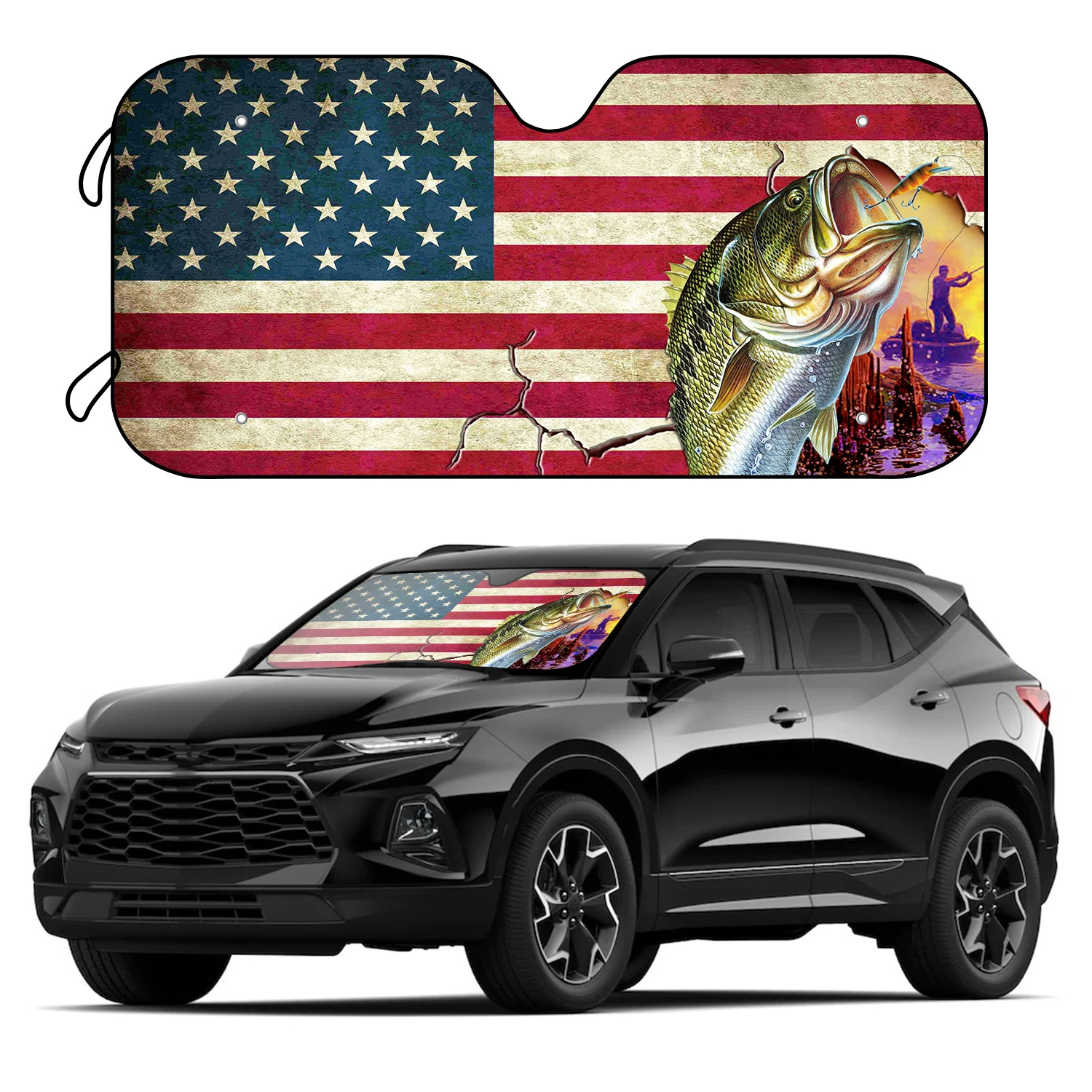 

1pc Car Front Window Sunshade American Flag Fish Print Foldable Auto Windshield Sun Shade Uv Heat Sun Visor Protector With 4 Fre