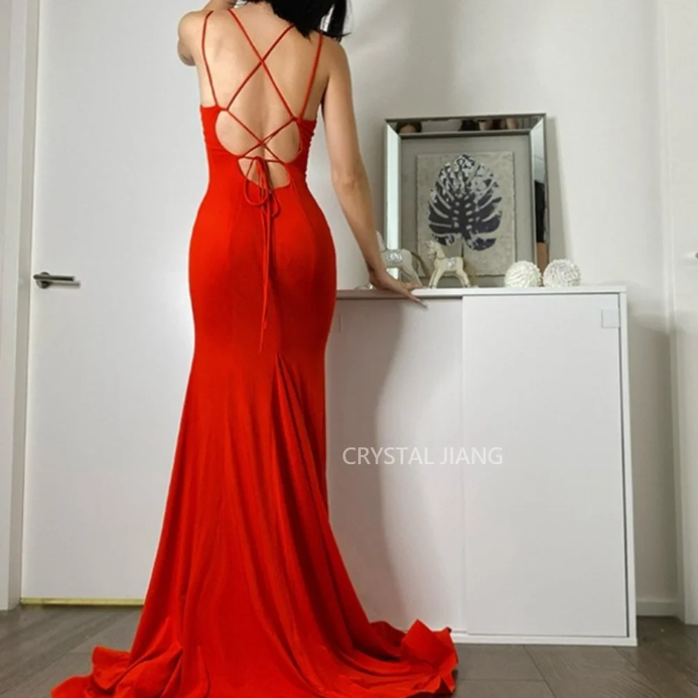 Dresses for Prom Long V Neck Spandex Natural Waist Sleeveless Lace Up Back A Line Ruffles Sheath Sweep Train فساتين السهرة