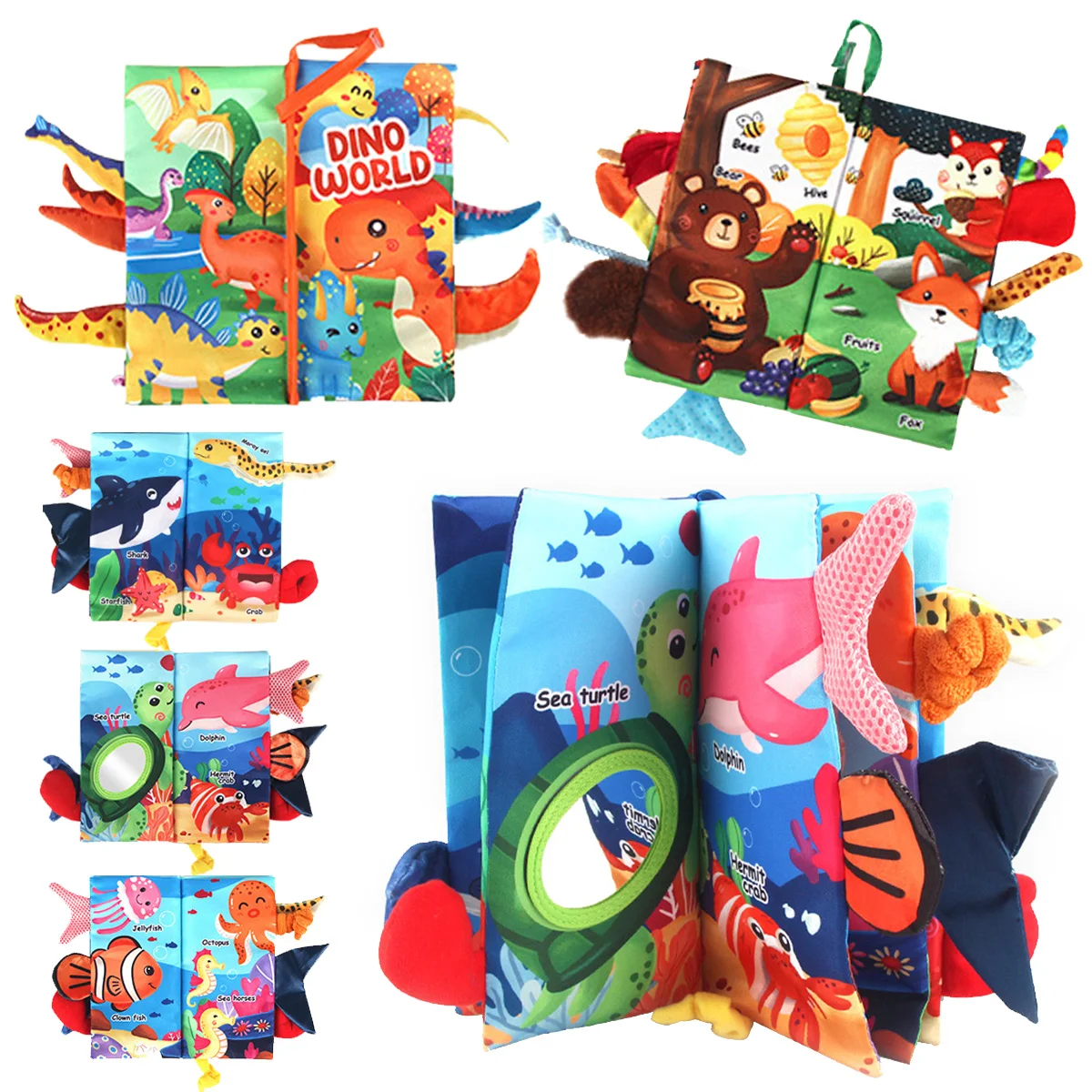 赤ちゃん恐竜フリップブック、感覚タッチブック、早期発達インタラクティブベビーカートソフトトイ、感覚しわブック