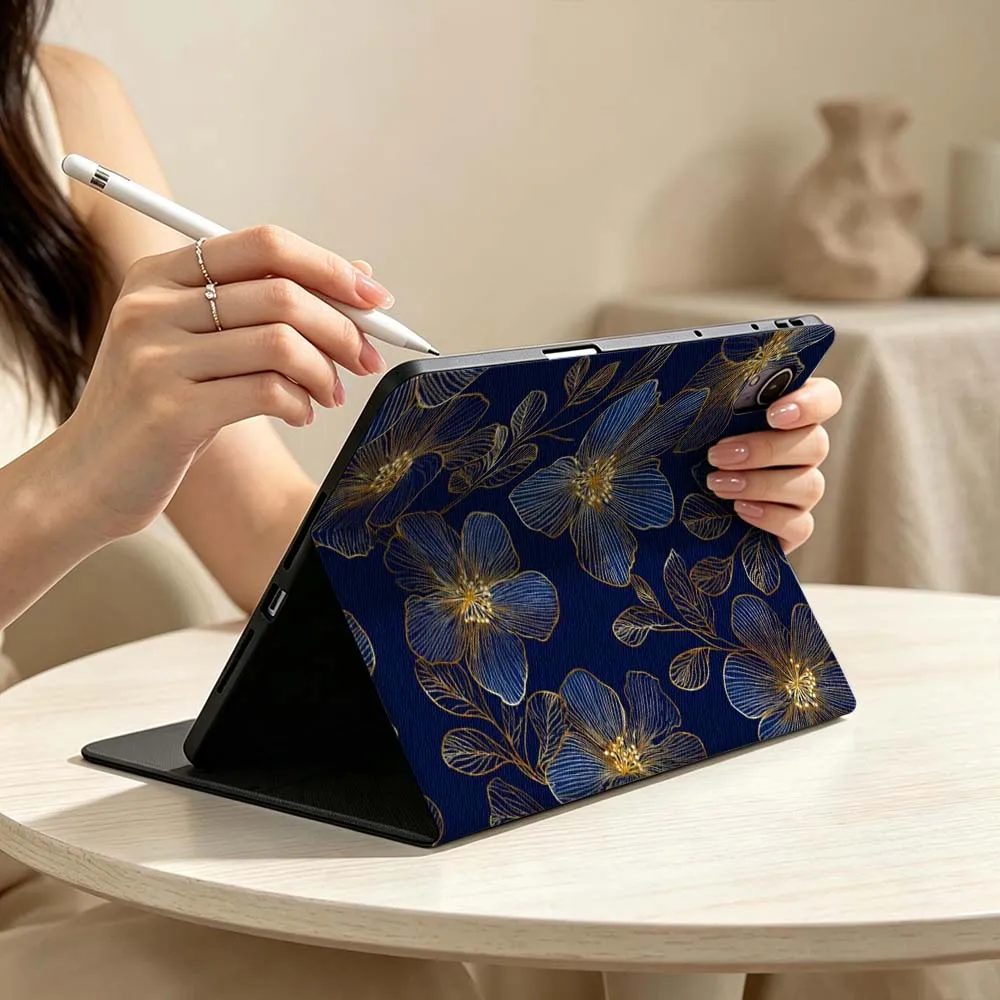 Art Gold Thread Flower Pattern For Huawei MatePad MediaPad MagicPad Honor Pad 10 9 8 X10 X9 X9a S Pro Soft Pen Tray Tablet Case