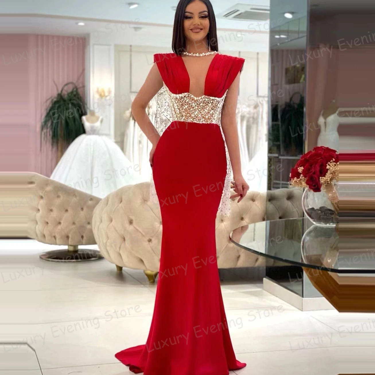 Simple Red Evening Dresses Mermaid Women's Sexy V Neck Hollow Prom Gowns Floor Length Formal Beach Party Vestidos De Novias 2024