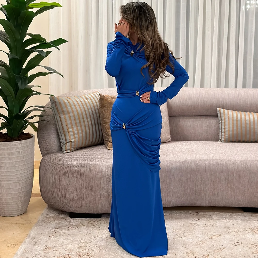 

Simple Blue Satin Long Sleeves Evening Dresses Straight Classic Crew neck Floor Length Pleats Girls Custom Size Vestido De Noche