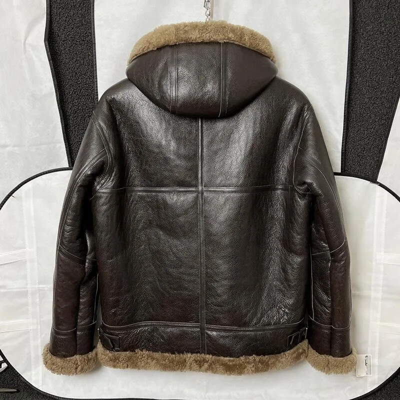 2024 Winter Warm Thickened Original Fur One Piece Men's B3 Hooded Leather Sheepskin Man Casual Wool Fur Coat Slim Body Clothing