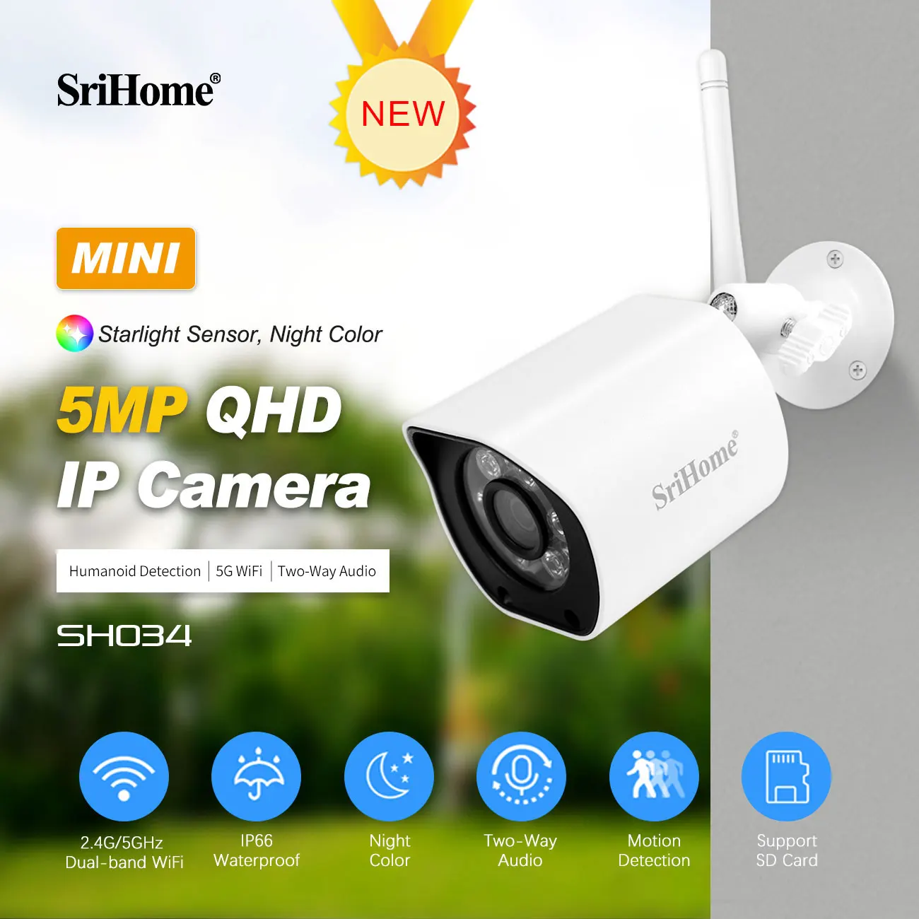 SriHome SH034 5MP QHD WiFi IP Bullet Camera 2.4G&5G Dual Band Full Color AI Humanoid Detection Home Security CCTV Baby Monitor