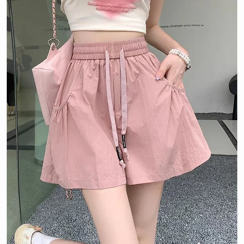 

Fashion Elastic Lace Up Pockets Sweet Wide Leg Shorts Female Clothing 2024 Summer New Loose High Waist Solid Color Casual Shorts