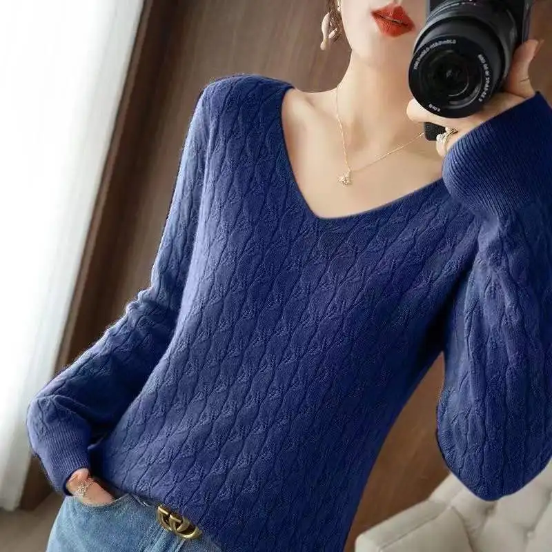 Women Autumn Simplicity Loose Fashion Hollow Out V-neck Long Sleeve Knitwear Women Clothes Temperament Knitting Bottoming Shirt