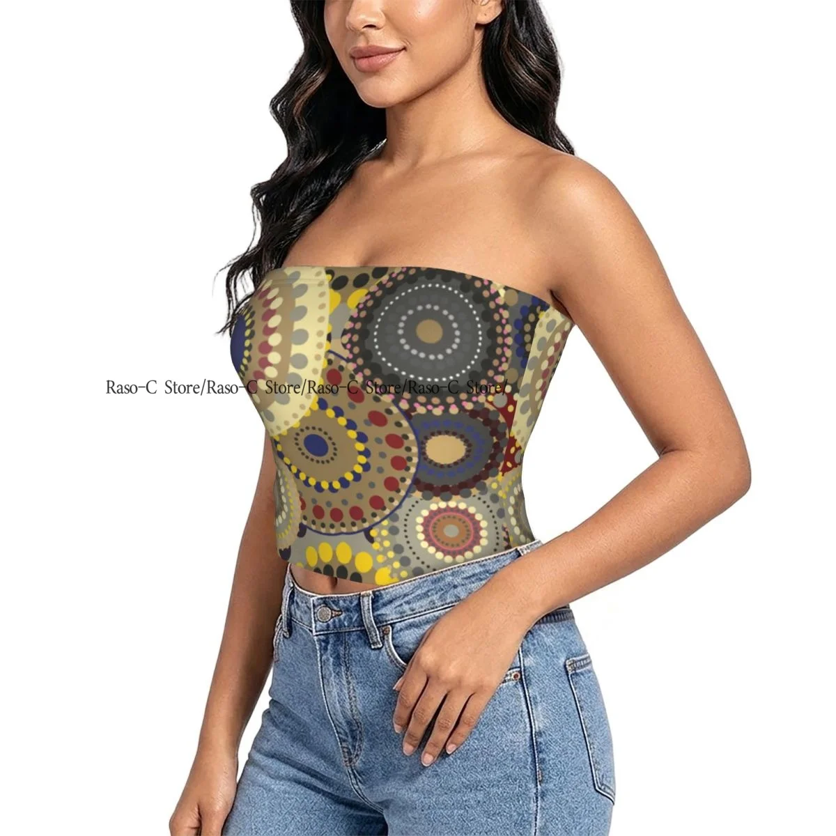 Women's strapless halter top Vintage Circles And Dots Seventies Style summer sexy short-sleeved top