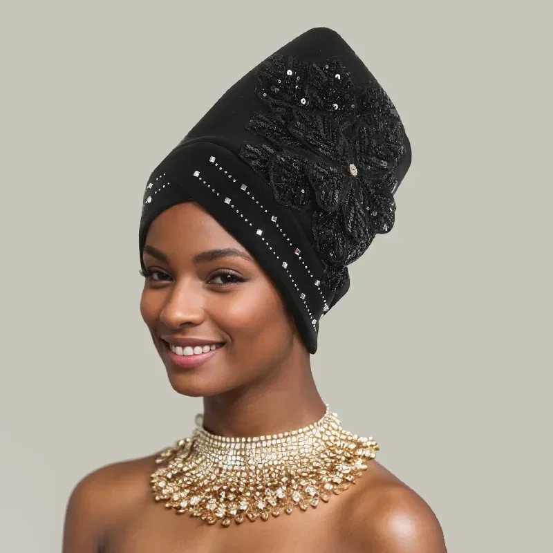 

Кепка-тюрбан с блестками и цветком для женщин, африканский головной убор, платок, капот, хиджаб, шляпа, головные уборы Auto Gele, тюрбан Mujer, вечерние головные уборы