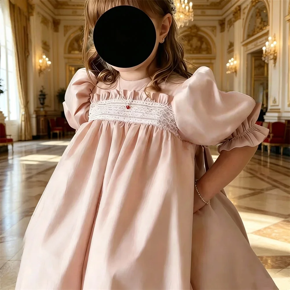 Custom Light Luxury Flower Girl Dress Wedding Party Birthday Pageant Runway Puff Sleeve Long Gown Kids Formal Wear Satin A-Line