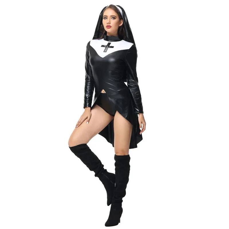 Aboutcos Vrouwen Saintachtige Verleidster Kostuum Faux Lederen Pvc Wetlook Nun Kostuum Halloween Cosplay Fancy Dress