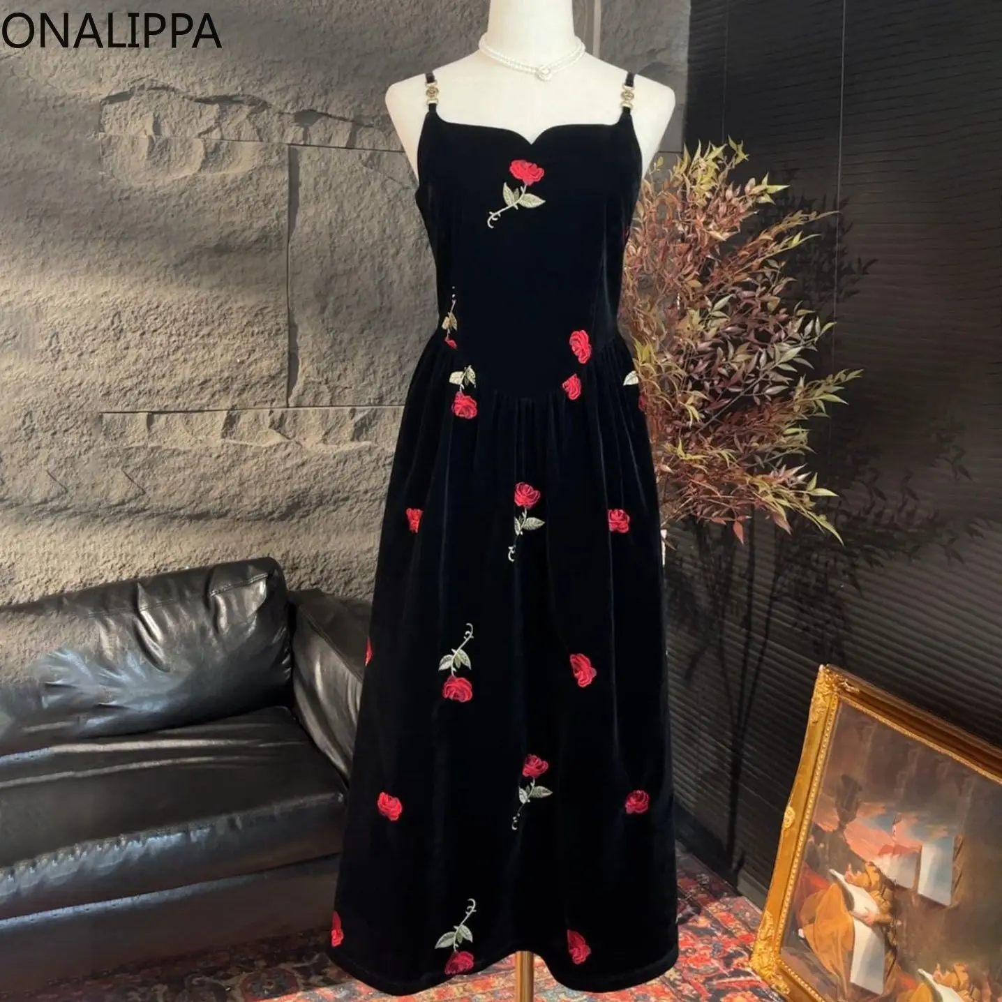 Onalippa Rose Embroidery Velvet Maxi Dress Contrast Sleeveless High Waist A Line Dresses Korean Metal Sling Sweet Vestidos