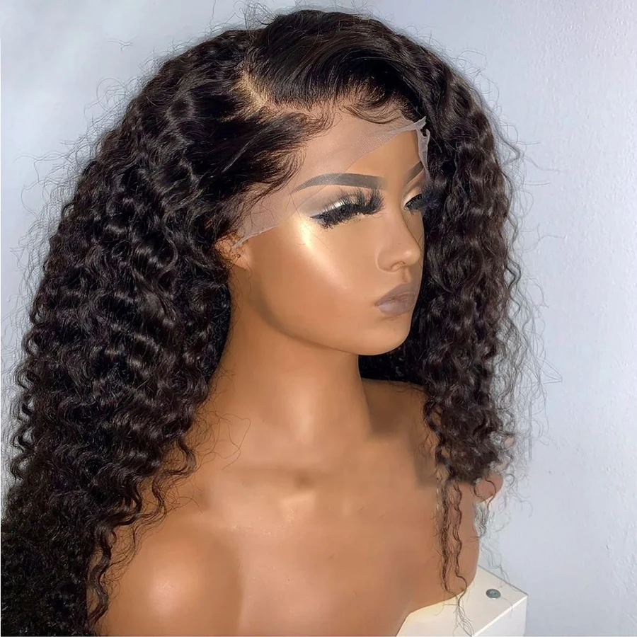 Natural Black 26 Inch Long Soft 180% Density Kinky Curly Deep Lace Front Wig For Women Baby Hair Preplucked Glueless Daily