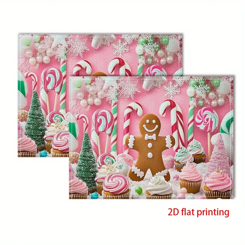 2/4/6pcs Premium Polyester Placemats - 2D Flat Printed Gingerbread for Man Pink Candyland Design, Durable Machine-Washable Table