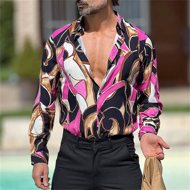 New men's long sleeved shirt with abstract print and bright color block design, classic pointed lapel and button top