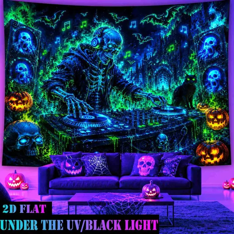 VIKAMA Neon Green DJ Skeleton Bat Pumpkin Halloween Christmas Tapestry Glow Music Note Black Cat Castle Speaker Jack O Lantern