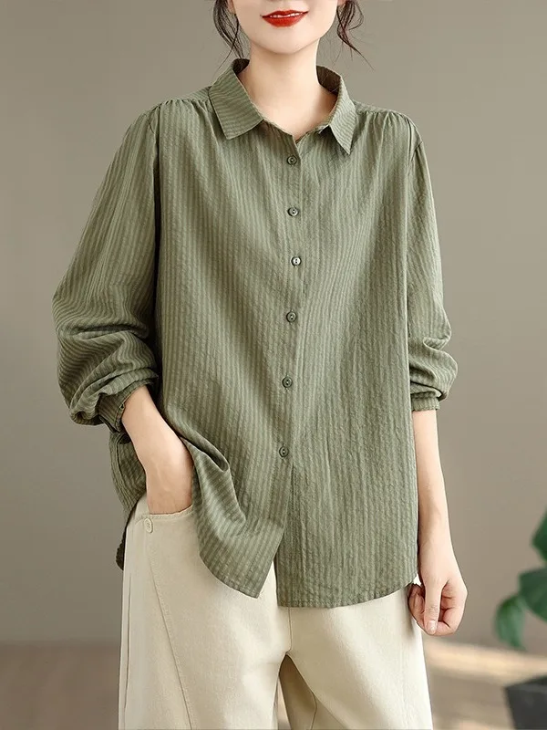 

Весна 2026: Новая модная универсальная женская рубашка свободного кроя с длинным рукавом, в полоску, на одной пуговице, больших размеров, из смесового хлопка