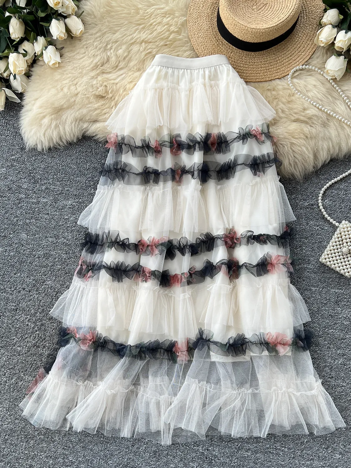Women Apricot Mesh Skirt Y2K Gyaru Vintage Fashion Patchwork Mori Girl Skirt High Waist A-Line Tutu Skirt for Women Summer 2026