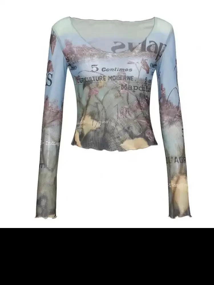 

Genayooa Streetwear Print Letter Mesh Tops Long Sleeve See Through Summer 2000s Japanese T Shirt Women Clothes Korean Y2k Tops