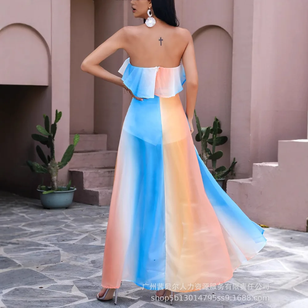 여성 새로운 한 단어 슬래시 어깨 스트랩 대조 색상 드레스 섹시한 여름 긴 느슨한 드레스