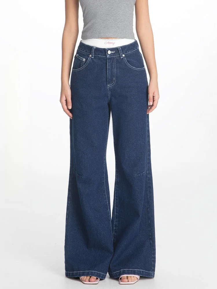

ABMY Blue Mid-Low Waist Wide Leg Denim Pants High Density No Stretch Loose Casual Versatile Floor-Length Ins Jeans