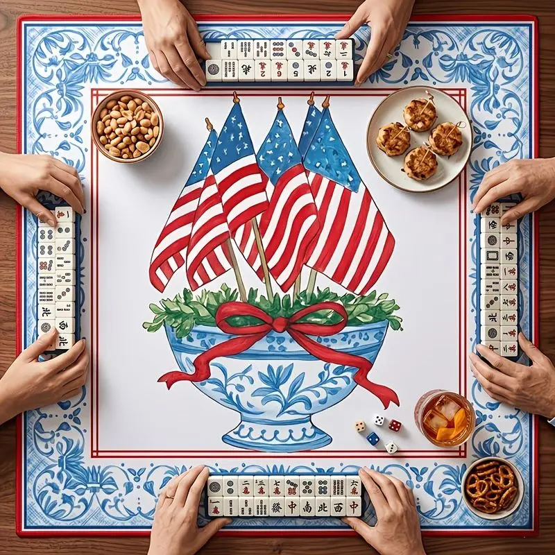 VIKAMA U.S. Flag Blue-and-White Porcelain Mahjong Table Mat, Noise-Reducing Game Mat, Mahjong and Poker Home Table Decoration