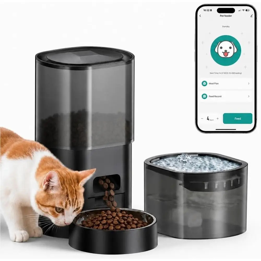 

Smart Dual-Function Pet Feeder and Fountain, Timed Food Dispenser with 2.4G App Control and Voice Message Feature for Cats & Sma