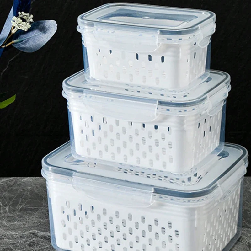 Doublelayer Refrigerator Storage Box Fruit and Vegetable Drain Basket Fresh-keeping Box with Lid storage container kitchen tools