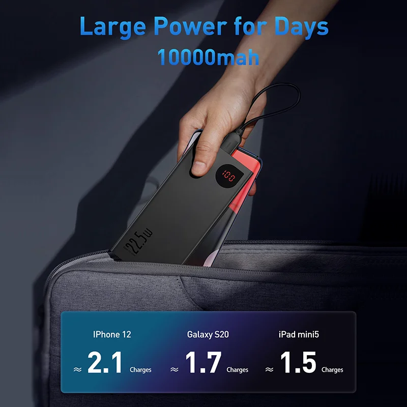 Baseus Power Bank 10000mAh 22.5W Fast Charging, Charge 3 Devices at once, External Battery for iPhone Xiaomi