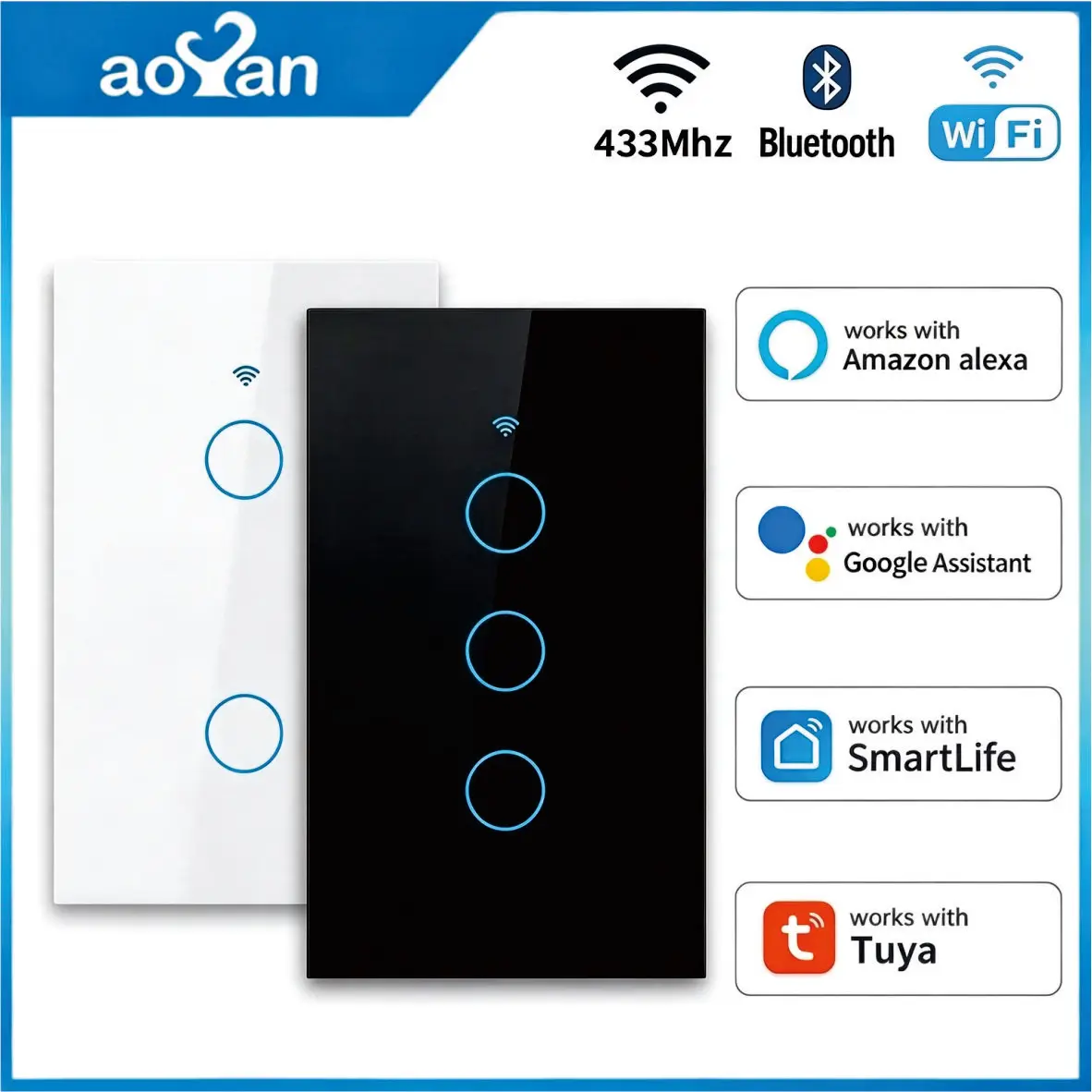Tuya WiFi Smart Light Switch US Standard Glass Touch Control Wall Switch 1/2/3/4 Gang No Neutral Needed RF433 Alexa Google Home