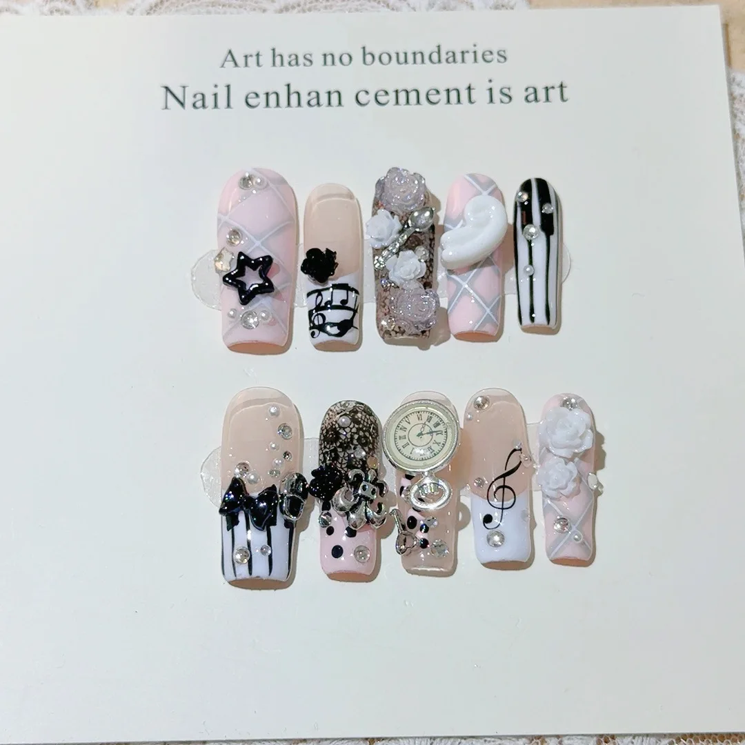 10pcs Handmade Pink Coffin Press on Nails European Piano Notes Flower Fake Nails Wearable Vintage Y2k Spice Girls False Nails
