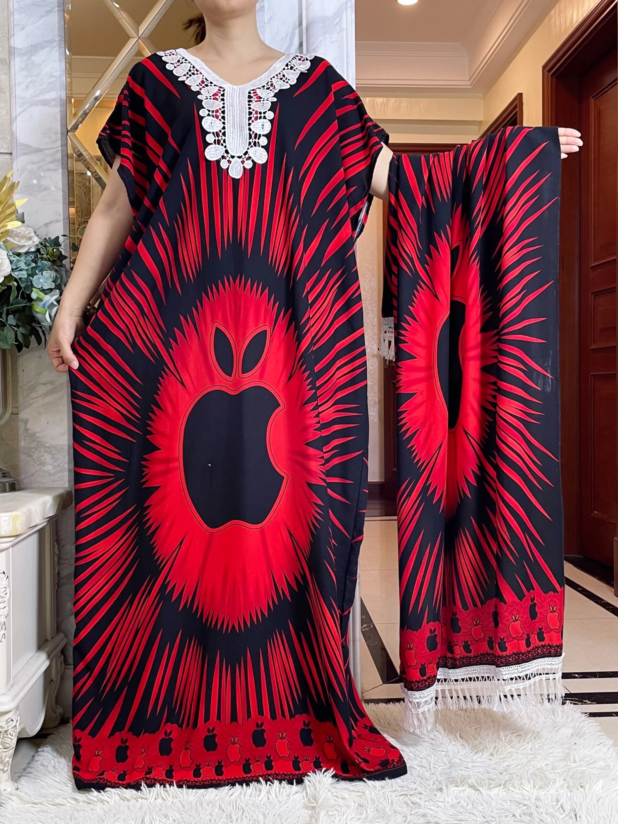 

2024Summer Short Sleeve Printing Cotton Dresse With Big Scarf African Dashiki Floral Loose Caftan Lady Maxi Casual Vestidos