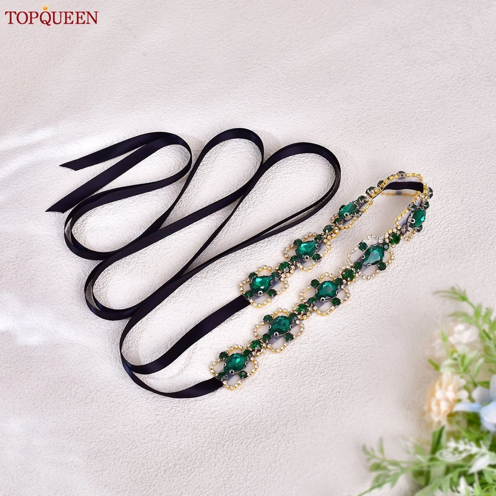 TOPQUEEN New Design Square Shape Green Rhinestone Bridal Belt Bridesmaid Waist Jewelry Wedding Important Event Dress Sash S218