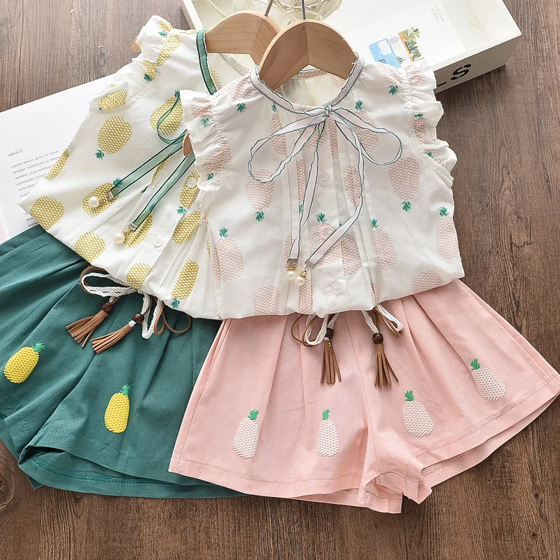 Children Clothes Suits Summer Girls Green Clothing Kids Pineapple Children Clothing Girl Clothes +Short Pant 2pcs Set