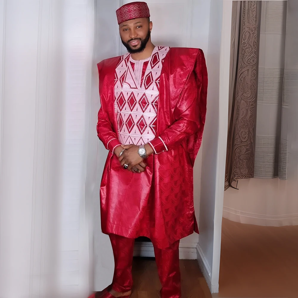 H&D African Traditional Wear Formal Attire Bazin Riche Dashiki Outfits Red Shirt Pants For Men Robe Suit Lovers' clothes Ramadan