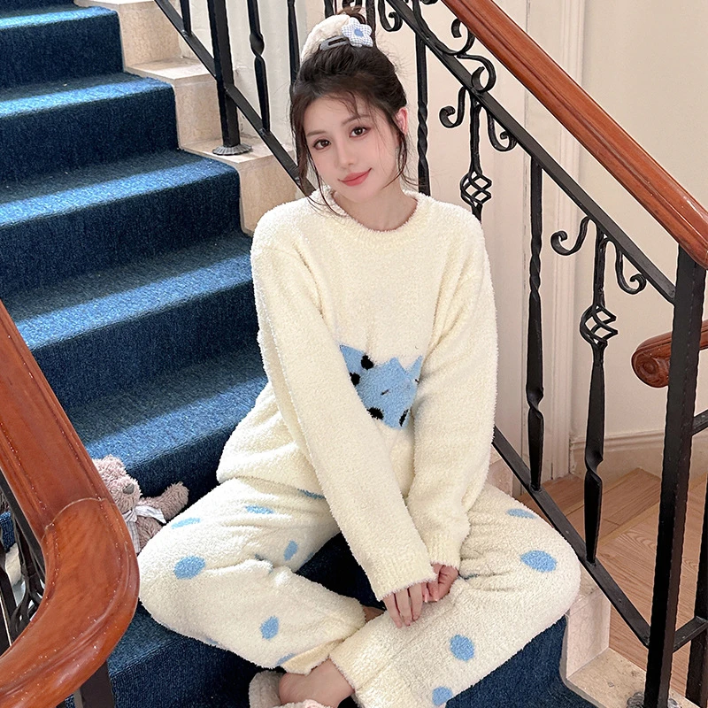 

Twinset пижамный комплект, теплая плюшевая женская одежда для сна, нижнее белье, осень-зима, ночная рубашка с круглым вырезом и длинными рукавами, женский пижамный костюм