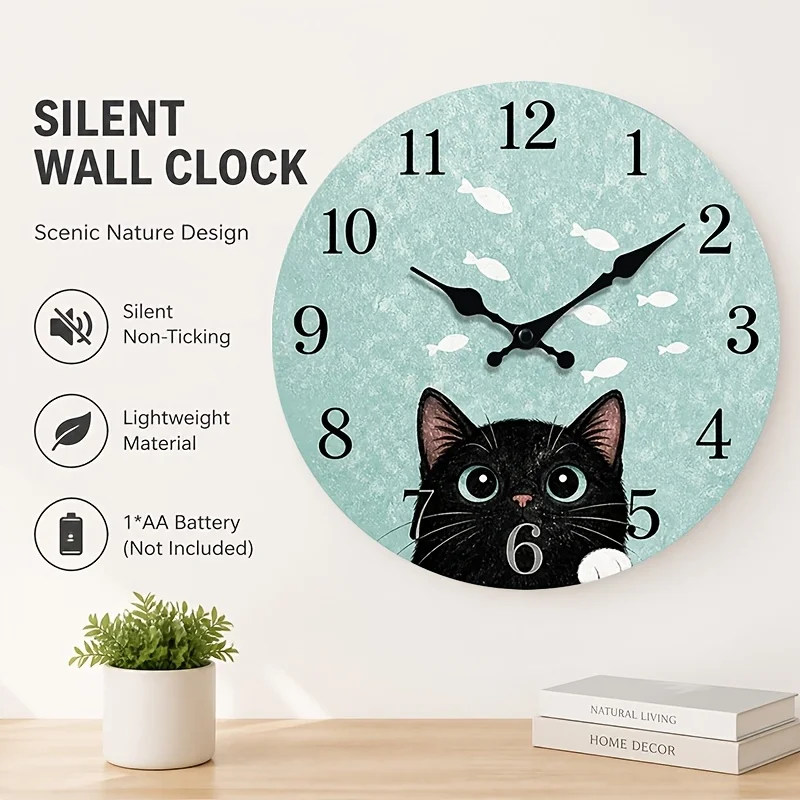 1pc, Healing Peeking Black Cat White Small Fish Wall Clock, Fresh Mint Small Fish Black Cat Round Quartz Clock Living Room