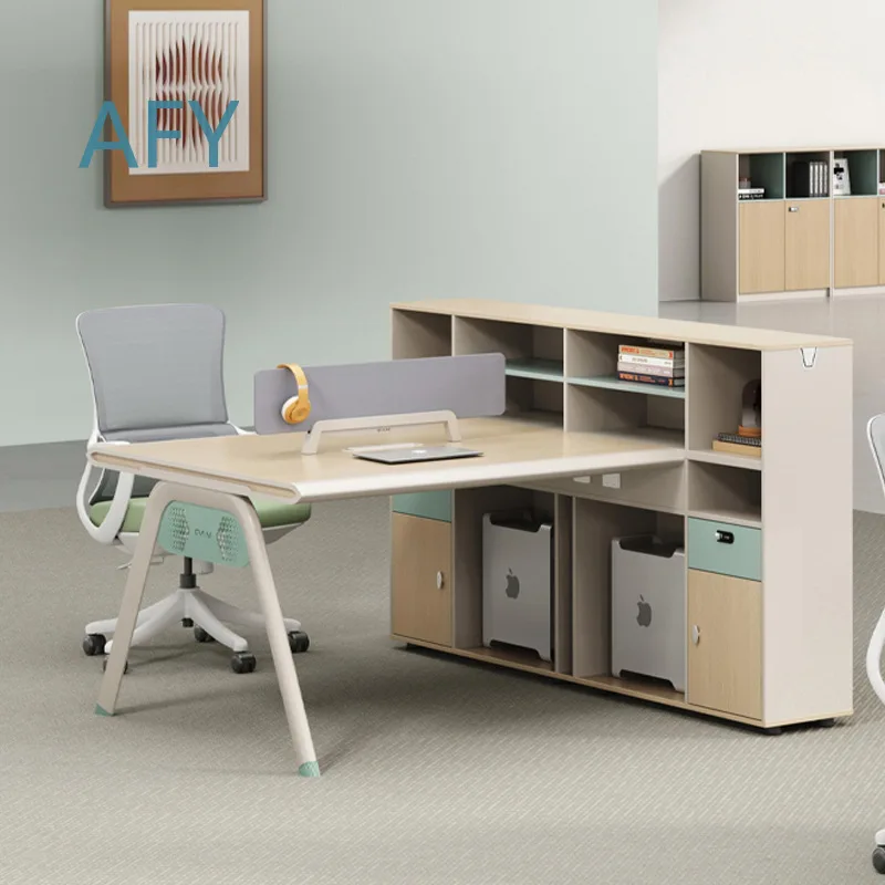 Modern Office Desk and Chair Set for Computer Workstation Steel Frame Card Seat with Storage Cabinet for Staff Space