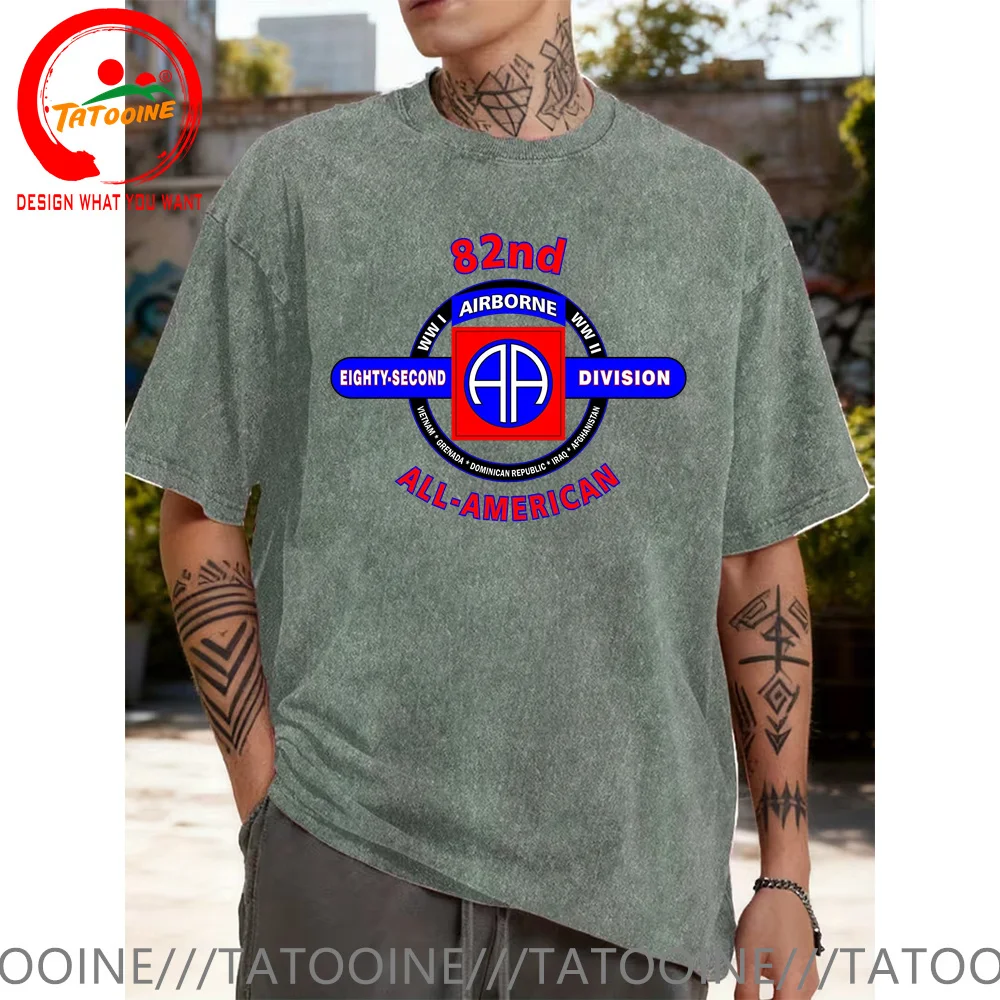 

Винтажная хлопковая футболка из стираного хлопка, футболка армии США 82-го воздушно-десантного спецназа, модная модная повседневная одежда, футболка, уличная рубашка