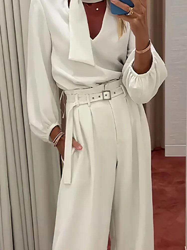 Drauuing V Neck Blouse And Pants White Outfits Female Wide Leg Pants Loose Two Piece Sets Women Pants Street Wear Matching Suit