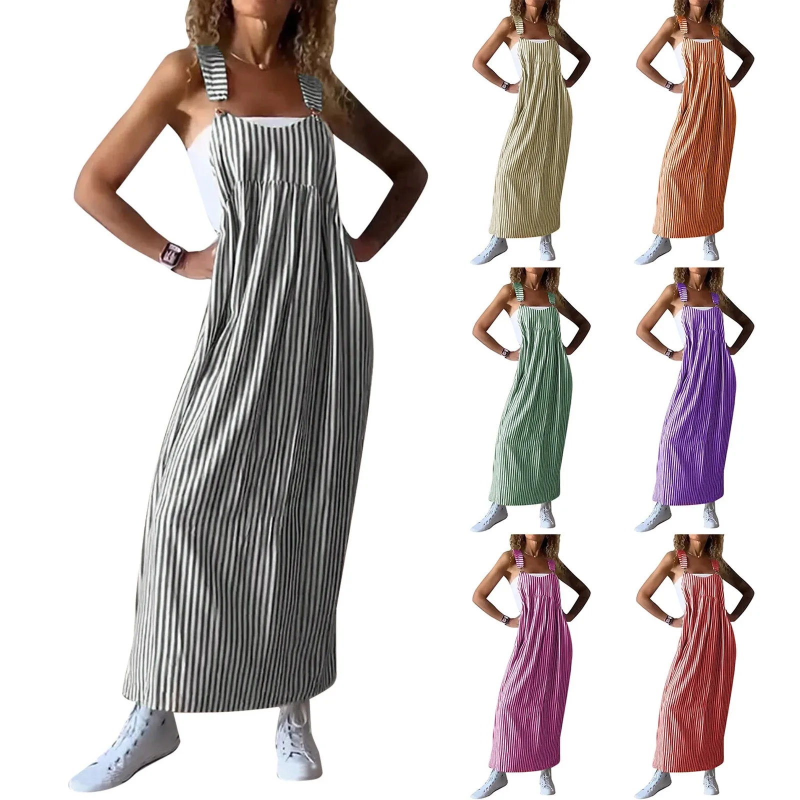 Summer Fashion Commuter Striped Suspenders Dress For Women New Casual Printing Sleeveless Loose Waist Party Dresses Streetwear