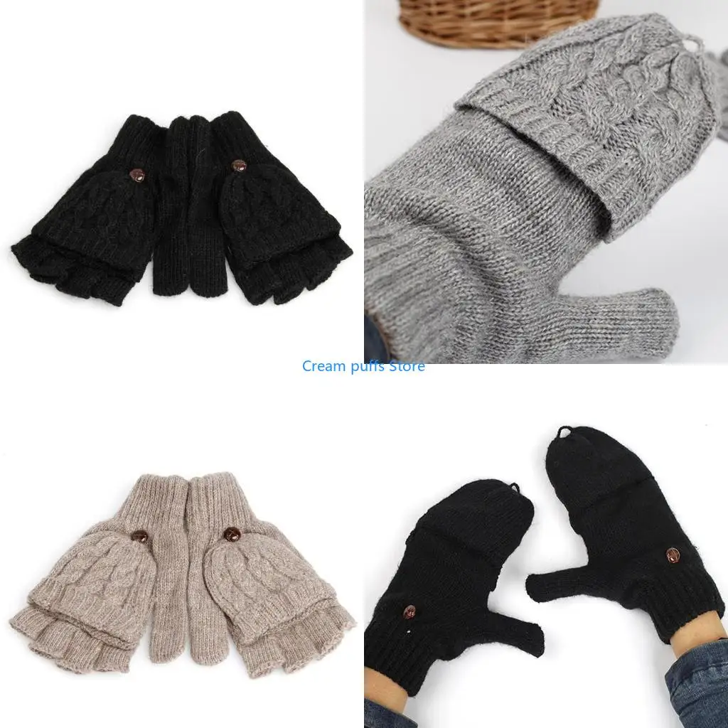 50LE Fashion Black Short Half Finger Fingerless Wool Knit Wrist Glove Winter Warm Gloves Workout for Women and Men