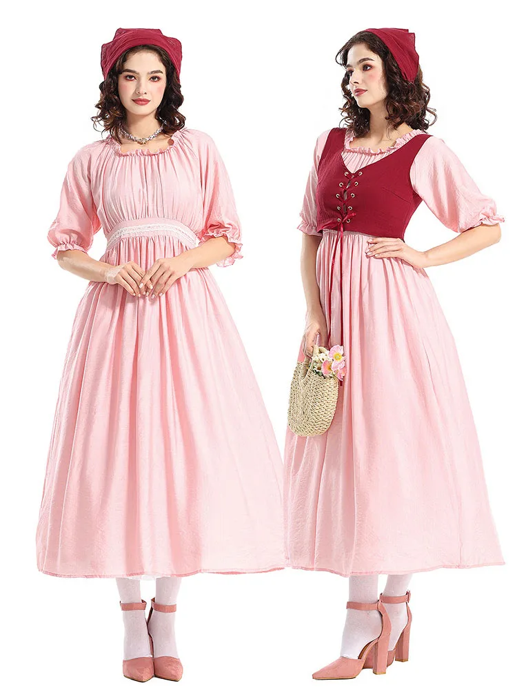 Victorian Mid-Sve Par Dr Women's Retro Pink Long Gown Renaissance Medieval Costume Polyester Material Spring 2025